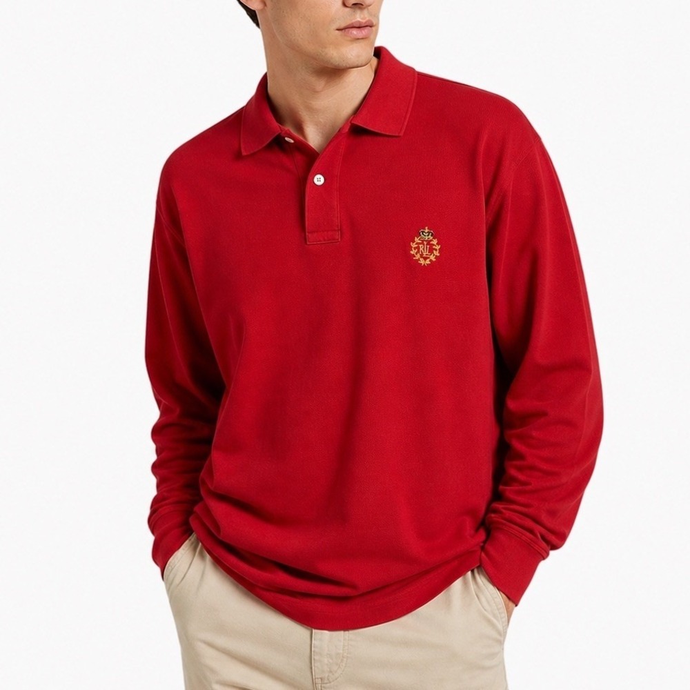 Vintage Ralph Lauren Polo Shirt Mens L Red Long Sleeve Preppy Crest Logo Cotton